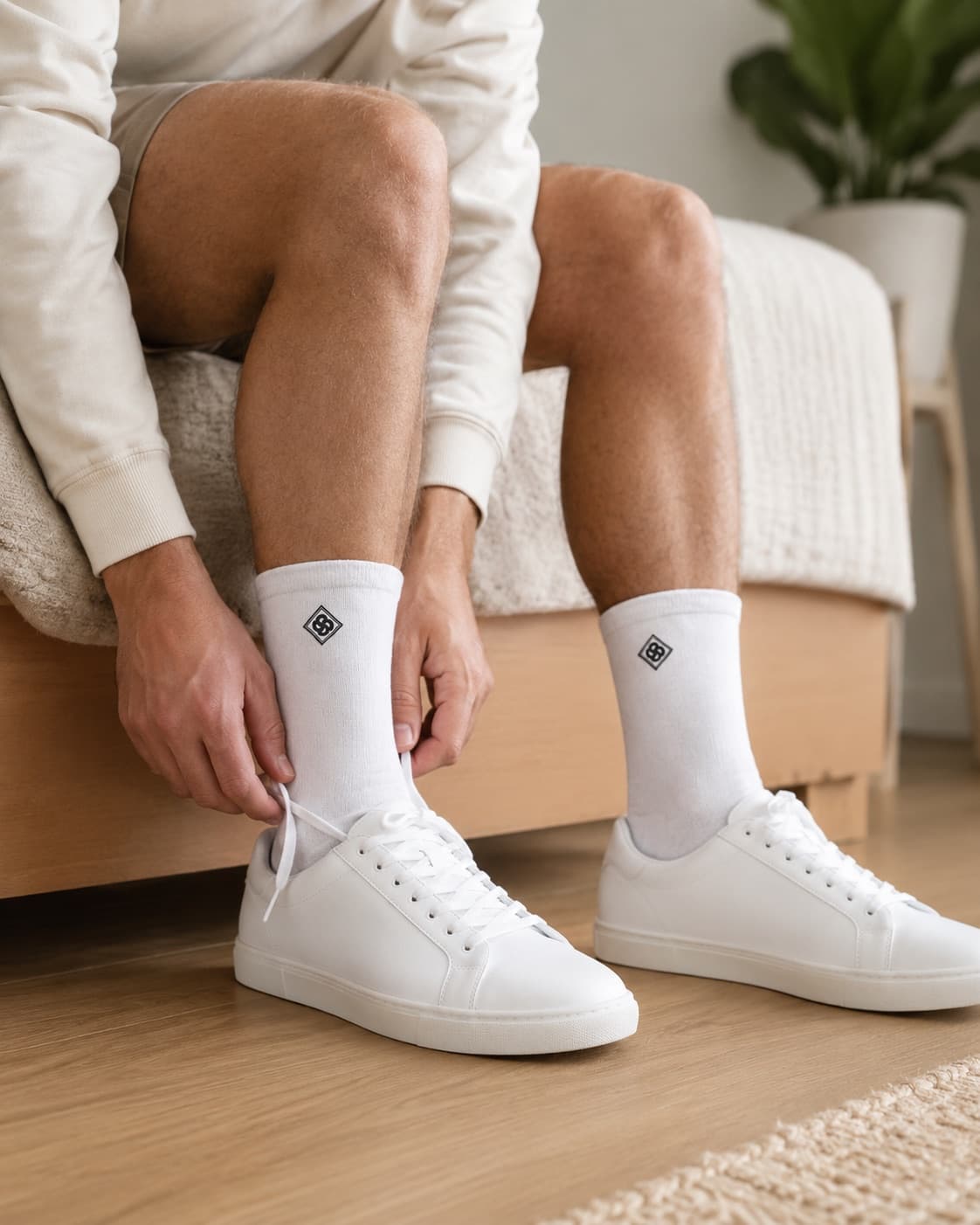Persona poniéndose medias Sockets blancas antes de salir